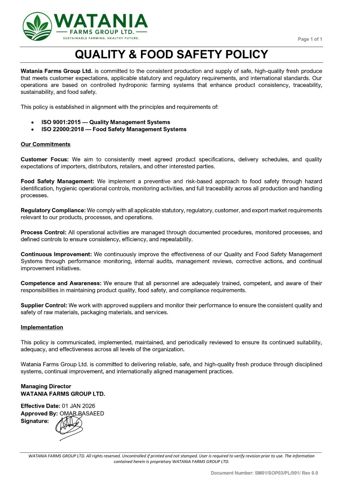 Watania Farms Group Ltd. — Signed Quality & Food Safety Policy